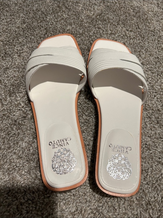 Vince Camuto Shoes - Vince Camuto White Slide Sandals with Tan Edge